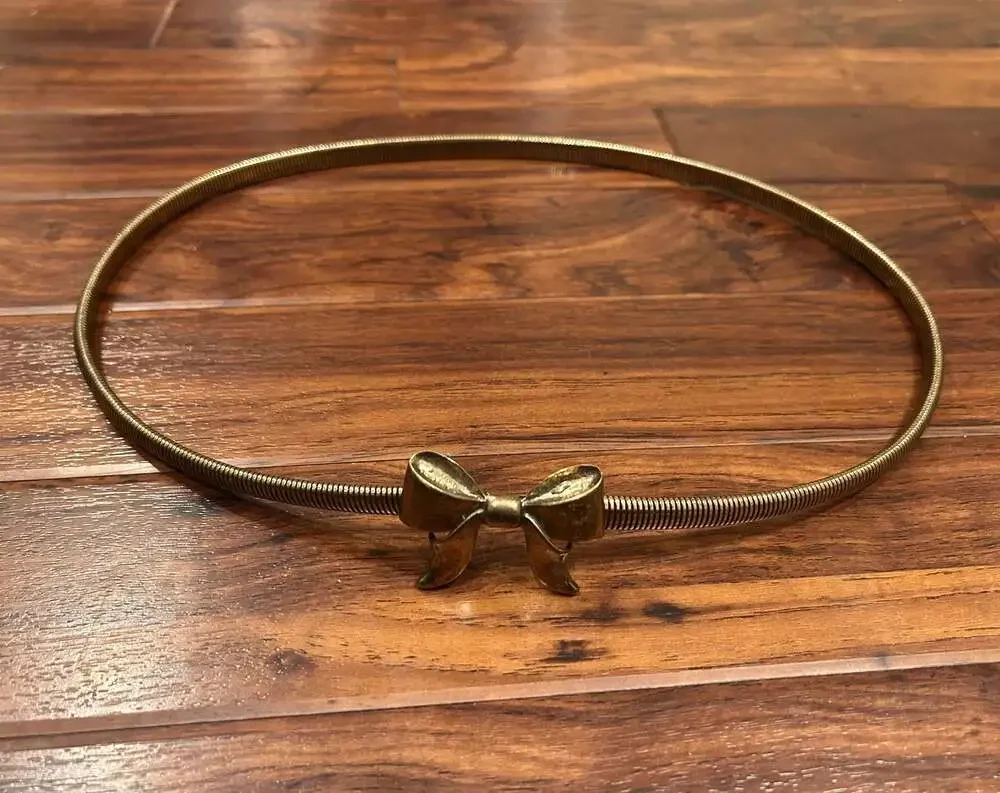 Vintage Brass Tone Bow Metal Snake Chain Stretch Belt, 33” coquette retro girly